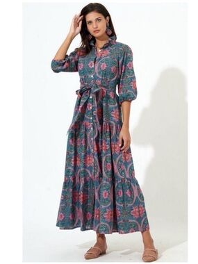 Oliphant Ruffle Collar Button Maxi Dress, Monaco Teal SZ XL